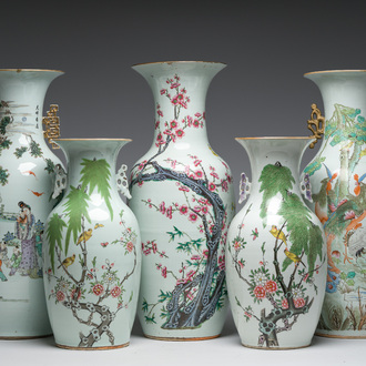Five Chinese famille rose and qianjiang cai vases with animated scenes, animals and flowers, 19th/20th C.