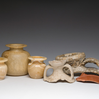 Three alabaster vases and three fragments of amphorae, presumably Egyptian period and later