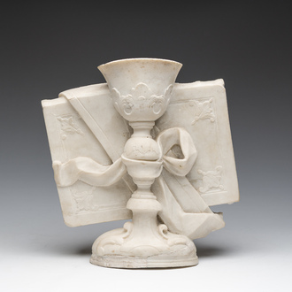 A French white marble sculpture of a chalice resting on a book, 18th/19th C.