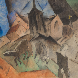 Carl Hentze (1883-1972): Animated view of a village, ink and watercolour on paper