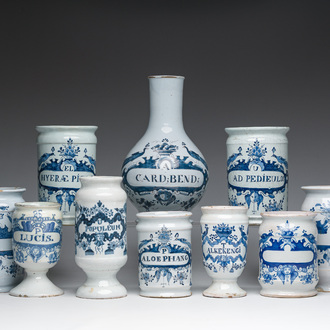 A varied collection of ten Delft blue and white pharmacy jars, 18th/19th C.