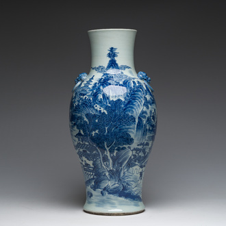 A Chinese blue and white baluster vase with an animated river landscape, 19th C.