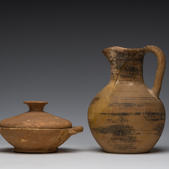 A Greek terracotta onoichoe or wine jug and a bowl and cover, Thorikos (Thoricus), presumably 5th/4th C. BC.