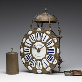 A French lantern clock with an enameled dial, 'Bertrand au Mans', 18th C.