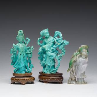 Two Chinese turquoise figures of Lan Caihe and a jade lady figure, 20th C.