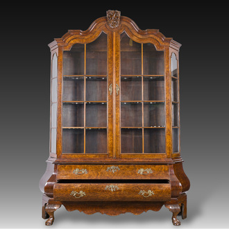 A large Louis XV style burl wood veneered wooden display cabinet with two glass doors and two drawers, ca. 1900