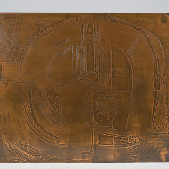 Belgian school: A rectangular etched copper plate with stylized design, possibly from a coffee table, 1970s