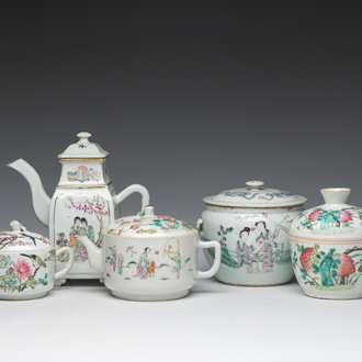 Three Chinese famille rose and qianjiang cai teapots and two bowls and covers with animated scenes and floral design, 19th/20th C.