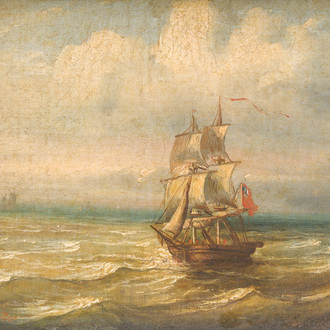 J. Deventer (19ème siècle): Voilier en mer, huile sur toile marouflée sur panneau