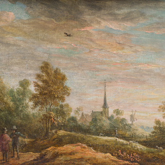 Flemish school, follower of David Teniers II (1610-1690): Animated landscape with a church, oil on panel, 18th/19th C.