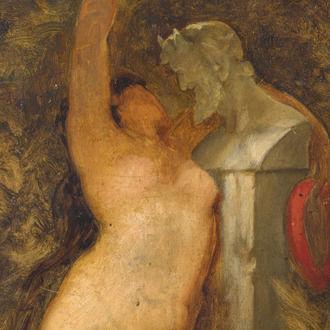 Louis Joseph Lebrun (1844–1900): Nymph glorifying the god Pan, oil on panel