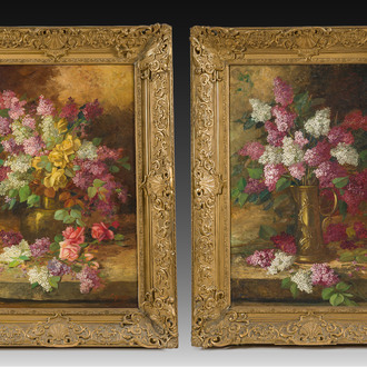 Céline Genyn (19ème/20ème siècle): Deux natures mortes de fleurs, huile sur toile