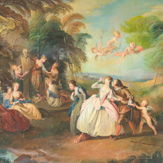 Joseph De Smedt (1894-?), in the manner of Nicolas Lancret (1690-1743): Animated landscape with gallant scenes, oil on canvas