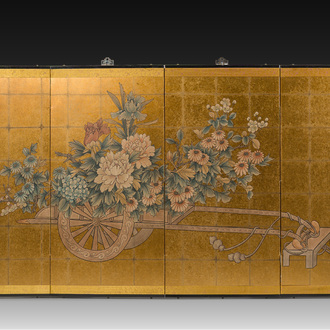 A Japanese four-fold painted byobu 'hanaguruma' room divider, 19th/20th C.