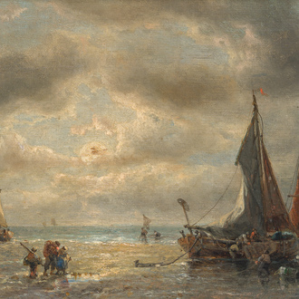 François Musin (1820-1888): View of the beach by moonlight, oil on canvas