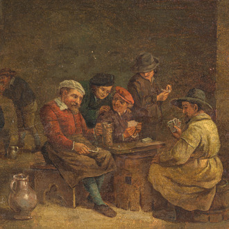 École flamande, suiveur d'Adriaen Van Ostade (1610-1685): Joueurs de cartes dans une taverne, huile sur toile, 19ème siècle