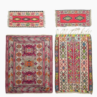 Four oriental carpets, a.o. three Turkish Kelim (Kilim) rugs with geometric design, wool on cotton, 20th C.