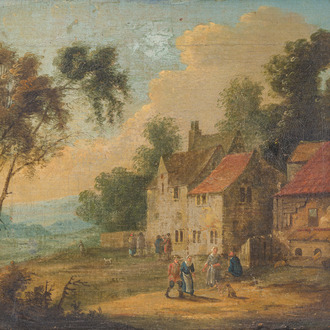 Flemish school: An animated village view, oil on canvas, 18th C.