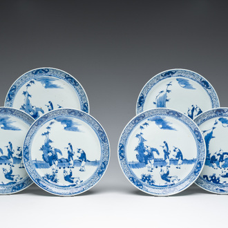 Six Chinese blue and white 'playing boys in a landscape' plates, 19th C.