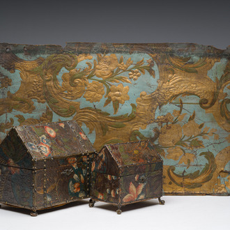 Two leather-covered boxes with floral design and a Cordoba leather panel with gilt design, Mechelen, 17th/18th C. and later