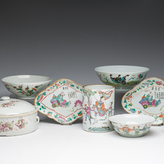 A varied collection of Chinese famille rose and qianjiang cai porcelain with floral design and animated scenes, 19th/20th C.