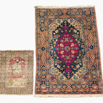 A Persian Kerman (Kirman) rug with figurative design and an Isfahan rug with floral design, wool on cotton, 20th C.