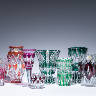 A varied and interesting collection of partly coloured overlay cut crystal, mainly Val Saint Lambert, 20th C.