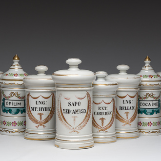 A varied collection of French gilt and polychrome decorated pharmacy jars, 19th C.
