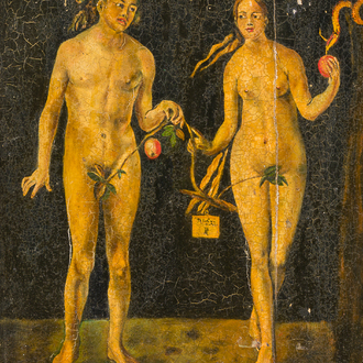 Ecole européenne, suiveur d'Albrecht Dürer (1471-1528): Adam et Eve, huile sur panneau, 19ème/20ème siècle