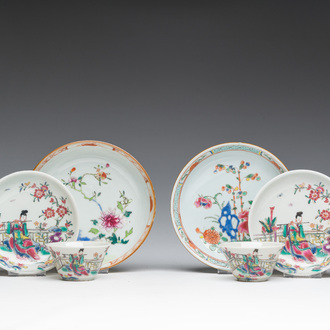 Two Chinese famille rose saucers and two pairs of French Samson famille rose style 'musician' cups and saucers, 18th/19th C.