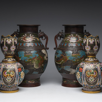 A pair of Chinese cloisonné tulip-shaped vases and a pair of Japanese champlevé 'dragon' vases, 19th/20th C.