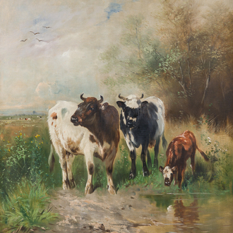 Henry Schouten (1860-1927): Vaches dans un paysage au bord d'un abreuvoir, huile sur toile
