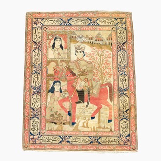 A Persian Kashan (Keshan) Mohtashem rug with Shirin and Khosrow, wool on cotton, late 19th C.
