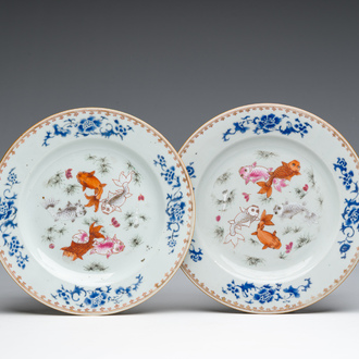 A pair of Chinese famille rose 'fish' plates, Qianlong