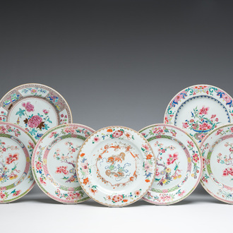 Seven Chinese famille rose plates with floral design and mythical animals, Yongzheng/Qianlong
