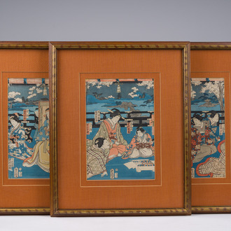 Utagawa Kunisada (Toyokuni III, 1786-1865): Three coloured Japanese Ukiyo-e woodblock prints, Meiji, 19th/20th C.