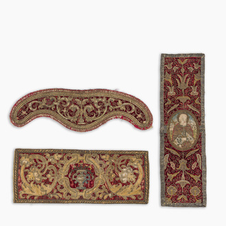 Three Flemish embroideries with floral design and John the Baptist, finished with gold and silver thread, 16th/17th C.