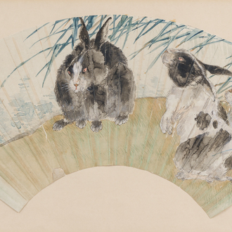 Chinese school: A 'rabbits in a landscape' fan, ink and colours on paper, 19th/20th C.