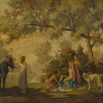 Frans Siaens (1907–1973): Animated landscape with a bathing Venus and her companions, oil on canvas