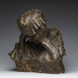 Belgian school, illegibly signed: Pleurante, patinated plaster, first half 20th C.