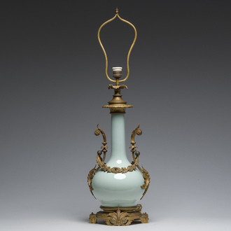 A Chinese style gilt bronze mounted celadon-glazed vase mounted into a lamp, 19th/20th C.