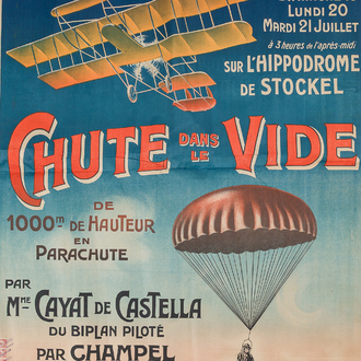 An exceptional poster promoting the (fatal) parachute jump of Lucienne 'Cayat de Castella' Blaise, Courbet & Cie, (1914)