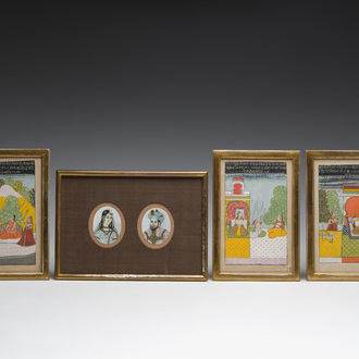 Indian school: Three miniatures with an animated scene and a pair of portraits of an imperial couple, 19th/20th C.