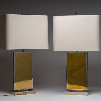 Christian Krekels (1942): A pair of stainless steel and etched brass table lamps with floral design, 1970s