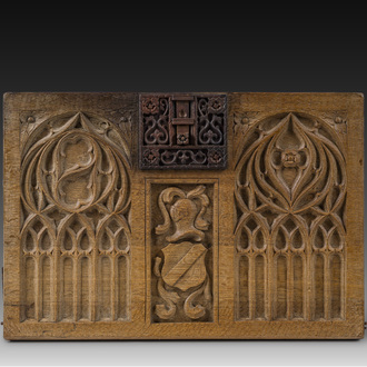 A Belgian or French oak Gothic Revival 'armorial' panel, 19th C.