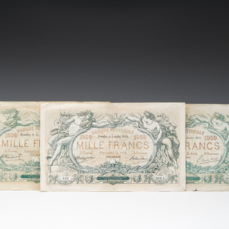 Three Belgian 1000 franc banknotes featuring Neptune and Salacia issued by the National Bank of Belgium, dated 1909-1919