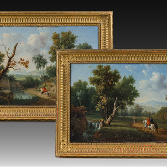 Pierre-Joseph Petit (1768-1825): Deux paysages animés avec cavaliers, huile sur toile