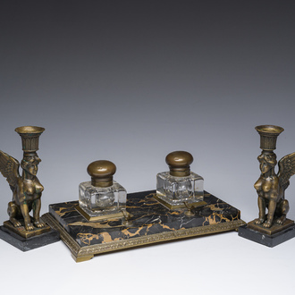 Milo (1955): A pair of bronze 'Retour d'Egypte' candlesticks and a bronze mounted marble ink stand, 19th/20th C.