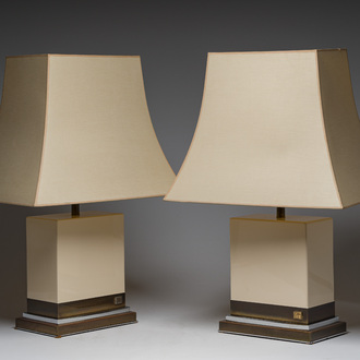 Jean-Claude Mahey (1944): A pair of French brass and lacquered wooden design table lamps, 1970s
