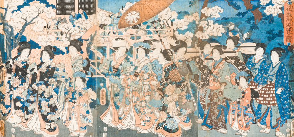 Utagawa Kunisada (Tokoyuni III) (1786-1865): A triptych with a procession of Japanese beauties, woodblock or ukiyo-e, 19th C.